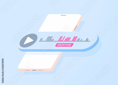 Audio advertising concept. Automated insertion and selling of programmatic audio advertising in media content like podcasts, streaming music, digital radio