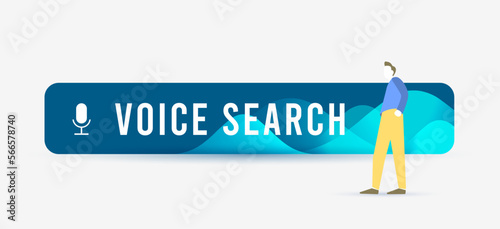 Voice Search - hands-free audio speech recognition technology concept. Sound recognition illustration with search bar and waves. Horizontal vector illustration isolated on white background