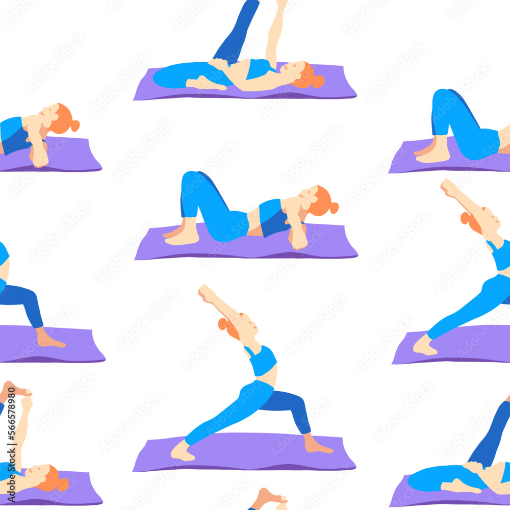 Yoga poses with mat seamless pattern wallpaper. Ginger European female woman girl. Vector illustration in cartoon flat style isolated on white background. Yoga poses with mat seamless pattern wallpaper. Ginger European female woman girl. Vector illustration in cartoon flat style isolated on white background.