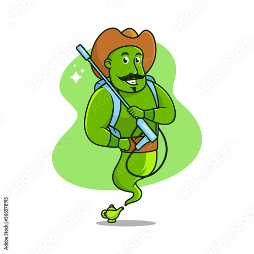 Cartoon Genie coming out of a magic lamp, green genie cartoon with cowboy hat