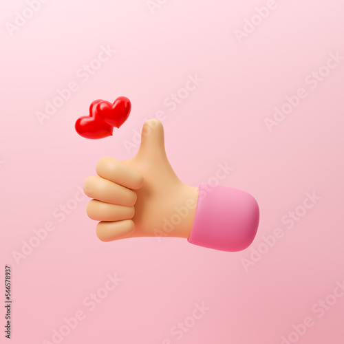 Thumb up and red heart icon, social media online platform concept, online social communication on applications, heart and love emoji icon, like and play. Happy Valentine Day concept. 3d rendering
