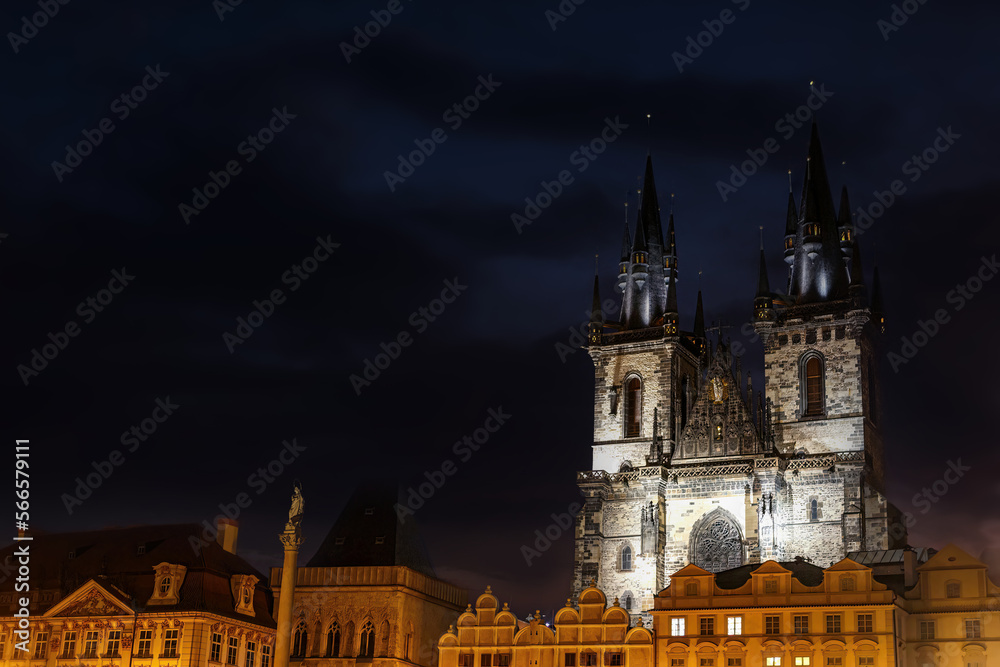 Prague at night: View at tyn church from old town square in the evening in january