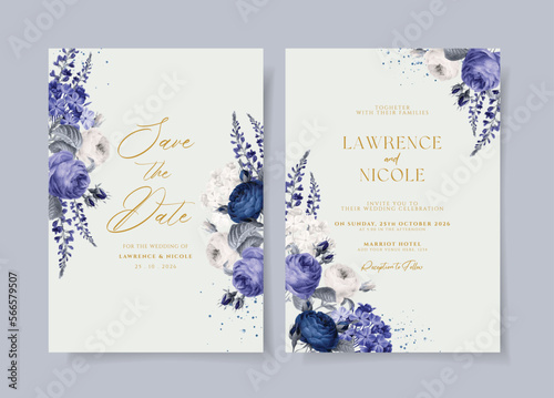 Romantic wedding invitation template set with floral and leaves decoration