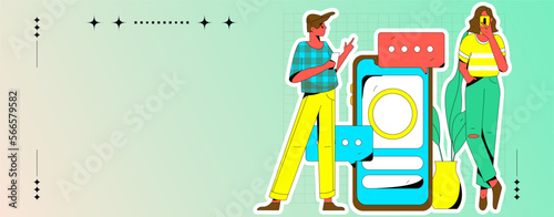 Virtual characters social communication concept business flat vector hand drawn illustration
