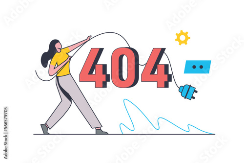 404 error flat line concept. Woman holding cable, seeing internet problem and disconnect message and fixes technical problem at computer. Vector illustration with outline people scene for web design