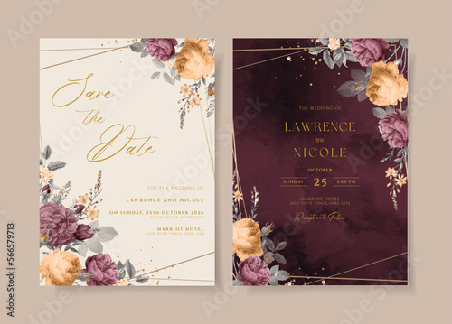 Wedding invitation template set with romantic floral and leaves decoration