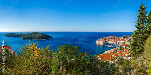 Dubrovnik, Croatia: Panoramic view of Dubrivnik old town znd Lokrum Island on the Adriatic Sea; small coastal town on the Croatian Mediterranean riviera