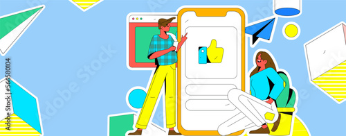Virtual characters social communication concept business flat vector hand drawn illustration
