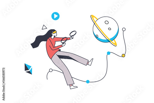 Metaverse flat line concept. Woman in VR headset interacting with holograms of space planets, learning and gaming in simulation reality. Vector illustration with outline people scene for web design