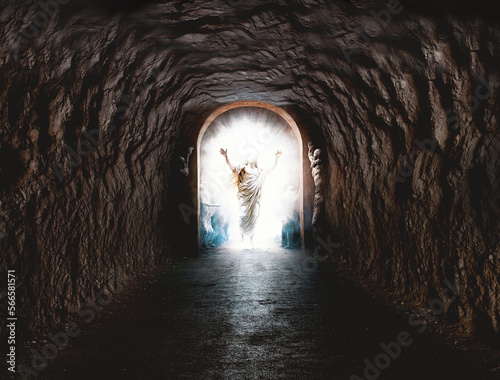 Ciencia y religión. Religión cristiana. Ilustración con la tumba de Jesucristo resucitado y concepto de resurrección. Túnel hacia la muerte. photo