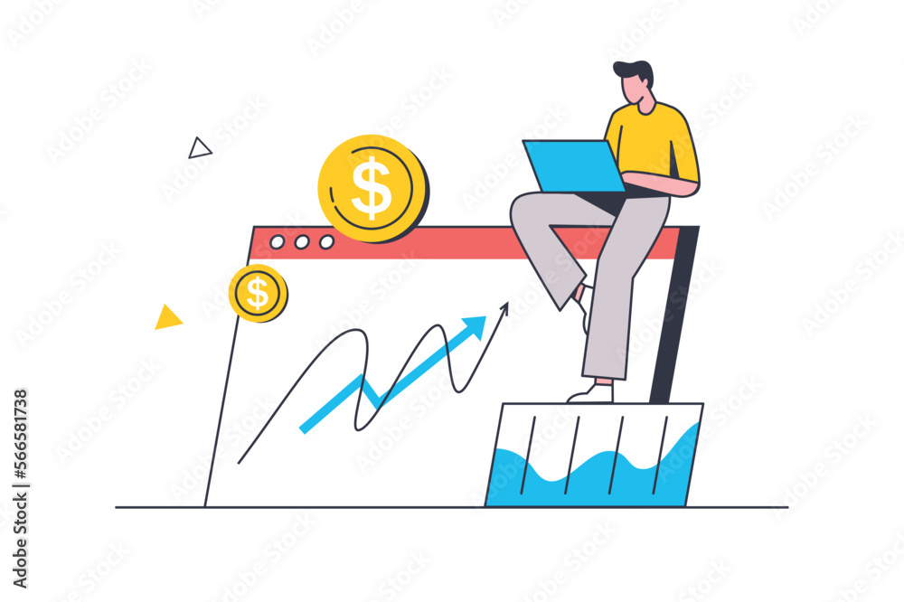 Stock market flat line concept. Man looks at stock data graph and success trading, earning money from investment with financial tools. Vector illustration with outline people scene for web design