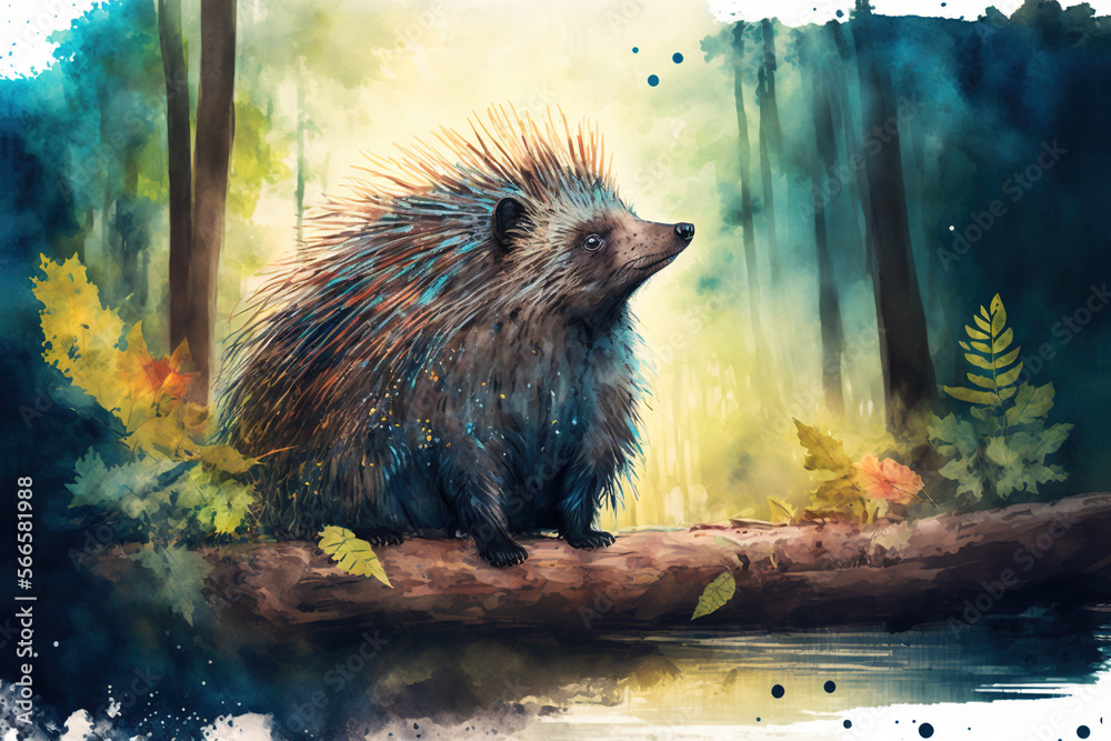 Digital watercolor painting of a porcupine. 4k Wallpaper, background