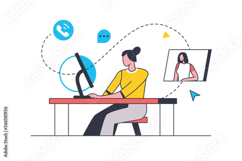 Video conference flat line concept. Woman talking in group online chat with colleague or friend. Online communicating and distant meeting. Vector illustration with outline people scene for web design