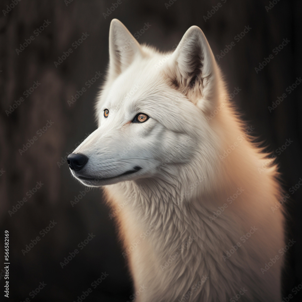 Beautiful white wolf in the sunset.Generative AI.