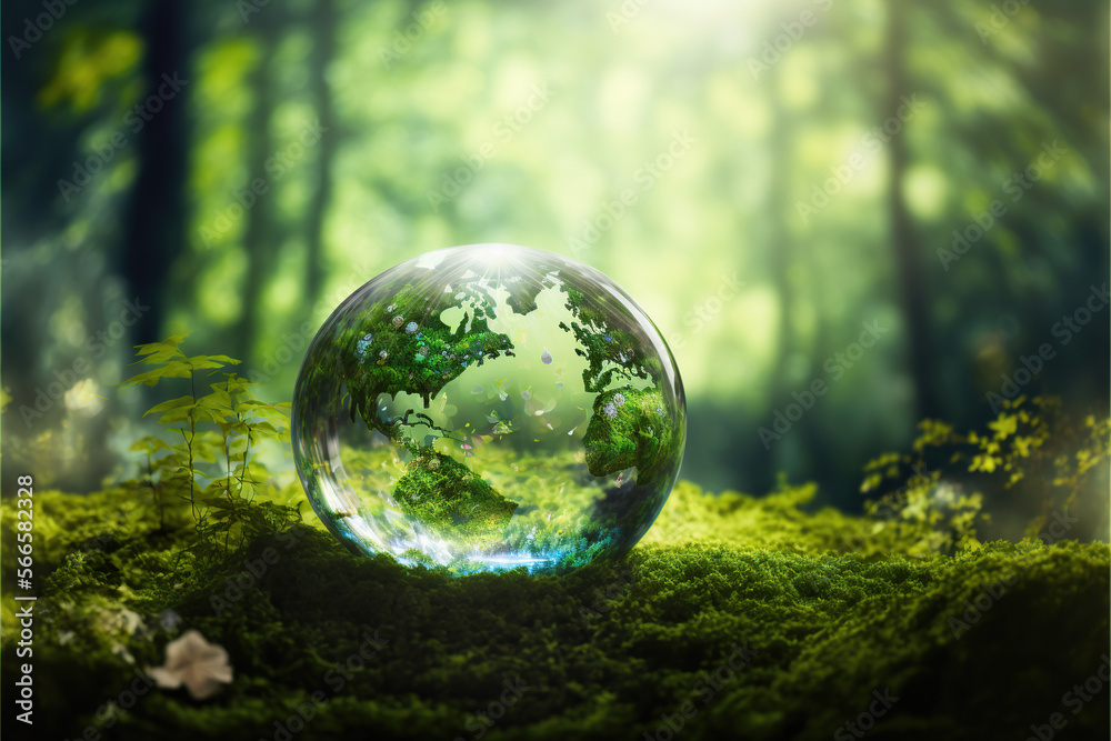 Crystal Earth globe on moss in a forest