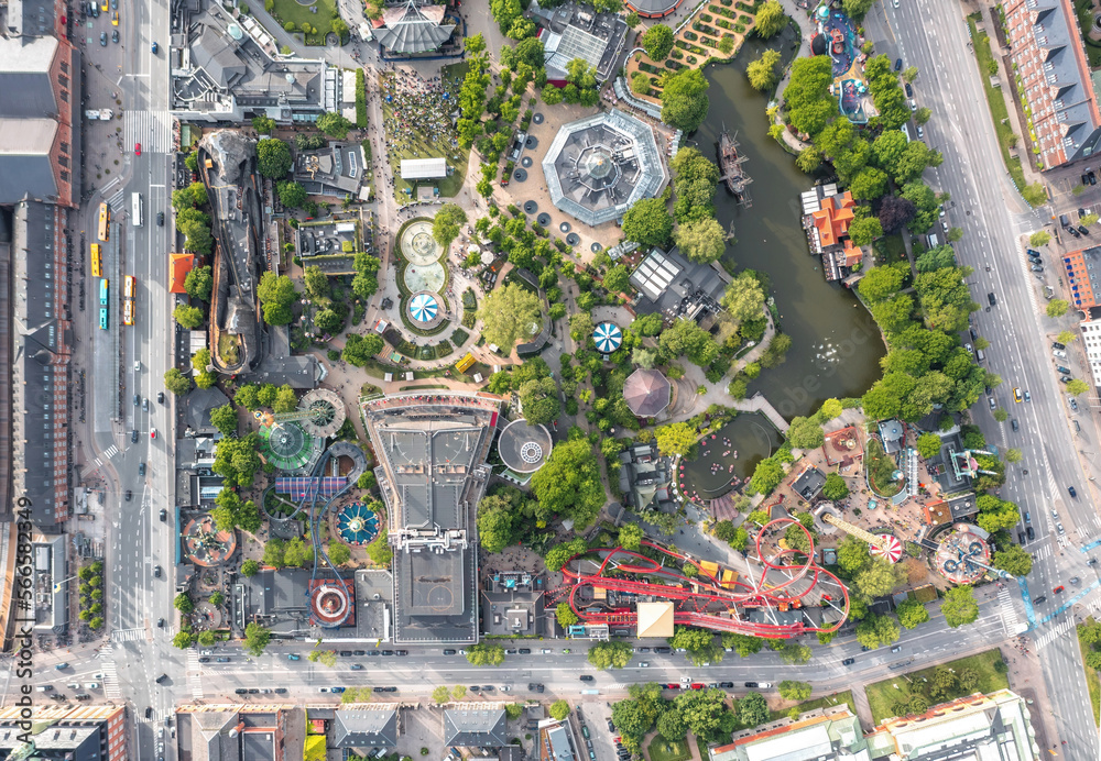 Aerial view directly above the Tivoli Gardens amusement park and pleasure garden, famous landmark and attraction of Copenhagen city, Denmark