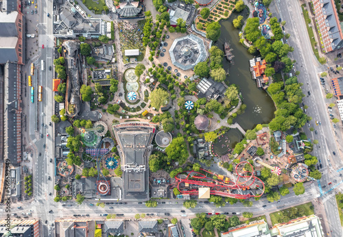 Obraz na płótnie Aerial view directly above the Tivoli Gardens amusement park and pleasure garden, famous landmark and attraction of Copenhagen city, Denmark w salonie