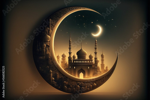 Festive greeting card for Muslim holy month Ramadan Kareem with mosque and crescent.