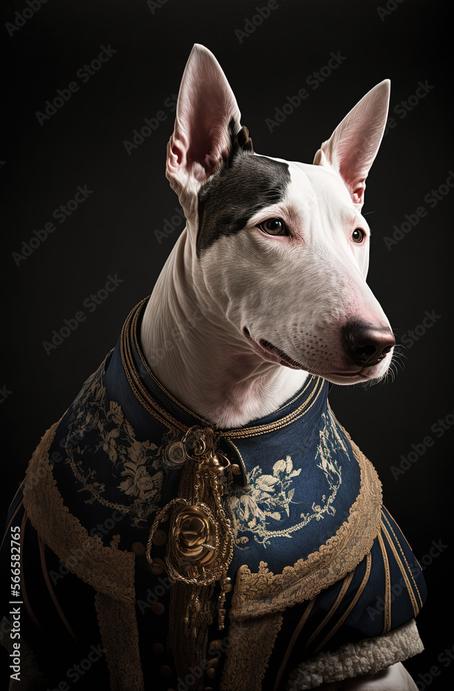Portrait of a bull terrier in classic English clothes. Generative AI.