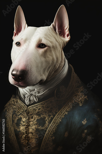 Portrait of a bull terrier in classic English clothes. Generative AI. © ART IS AN EXPLOSION.