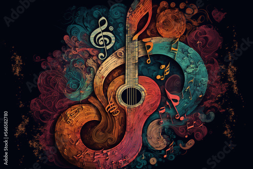 Creative music with colorful giutar. Music vibes concept for concerts and festivals