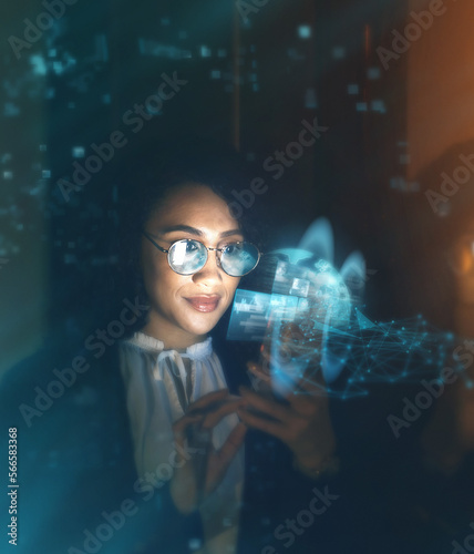 Black woman, tech overlay and global business on phone at night for research and cybersecurity. Iot future 3d hologram in workplace for person networking and cloud computing big data mockup space