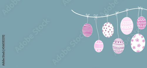 Pink easter eggs with different patterns hanging from a branch -vector illustration for easter greeting cards