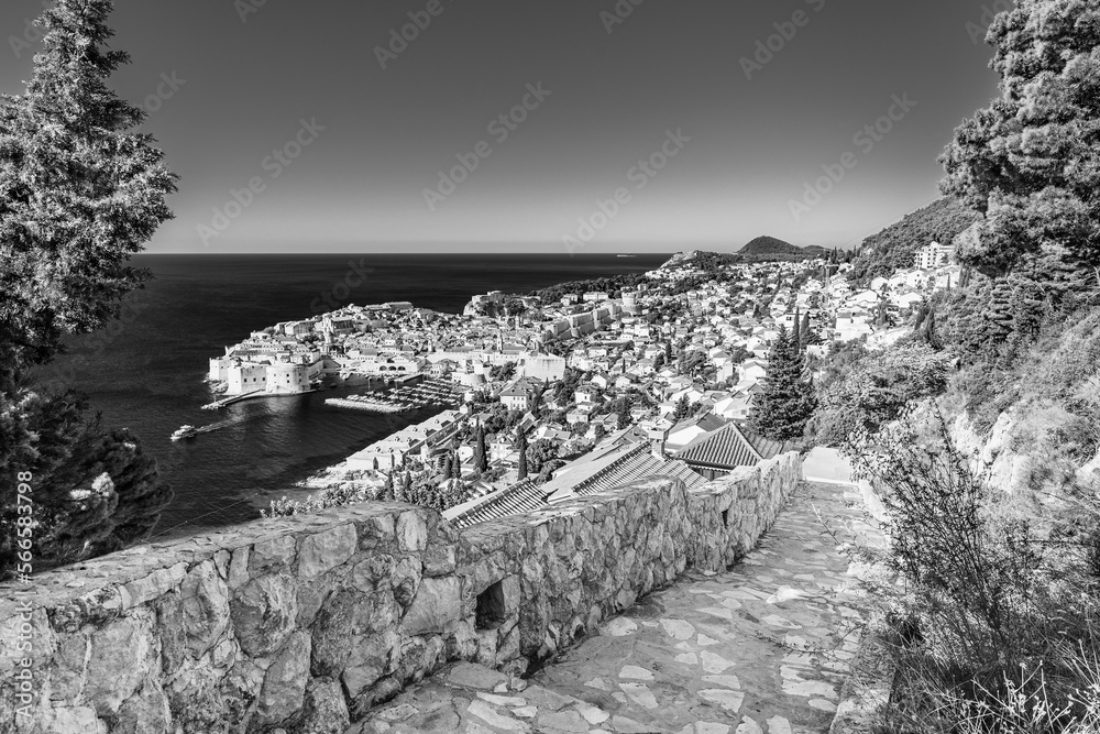 Dubrovnik, Croatia: Panoramic view of the old town on the shores of the Adriatic Sea' small coastal town on the Croatian Mediterranean riviera