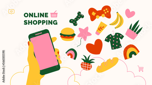 Market place design template. Online shopping. Hand with a phone and various shopping objects. Vector illustration