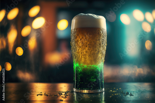 Fototapeta Beer & Text Space, Wooden table with beer glasses & bokeh lights, people in background blurred, Saint Patrick's day, fresh beer