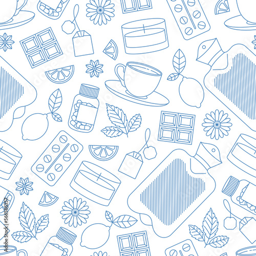 Remedies seamless pattern. Medications and hot water bottle with green tea and candle. 