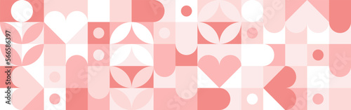 Seamless pink background for Mother's Day card template. Trendy geometric shapes with circles, squares and hearts in retro style for a Valentine's Day or wedding day cover.
