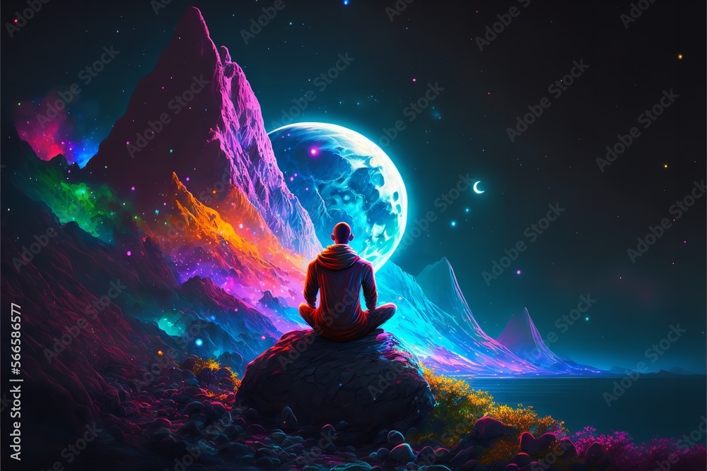 A monk sits on top of a mountain in magical night. Generative Ai.