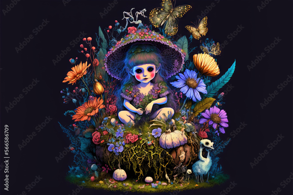  a painting of a girl sitting on a mushroom surrounded by flowers and butterflies, with a butterfly on her head and a bird on her shoulder.  generative ai