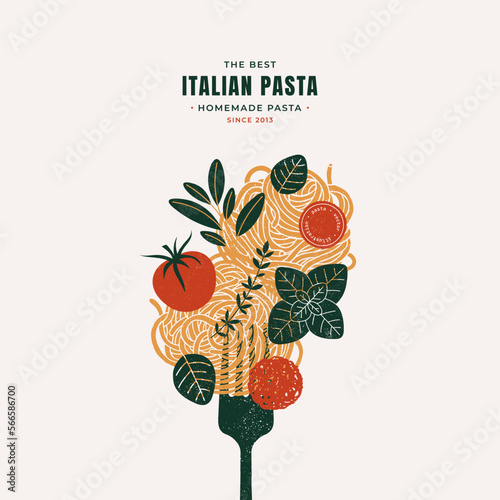 Spaghetti pasta on a fork. Pasta with meatball. Italian food design template. 
