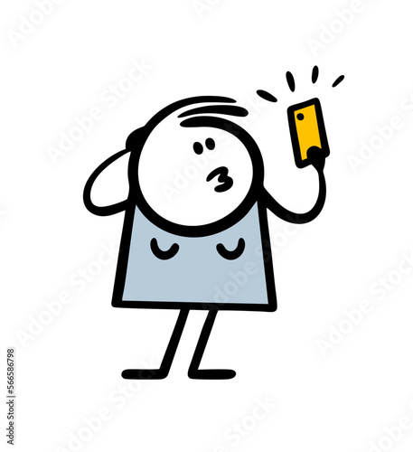 Hand drawn doodle stick figure beautiful young woman takes a selfie on her phone in an elegant pose.