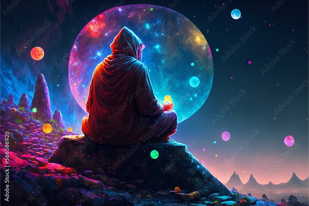 A monk sits on top of a mountain in magical night. Generative Ai. - obrazy, fototapety, plakaty 