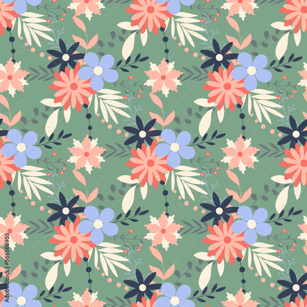 Spring floral background. Flowers, foliage and herbs seamless pattern. Summer bloom wild flowers print. Template for textile, paper, packaging and design vector illustration