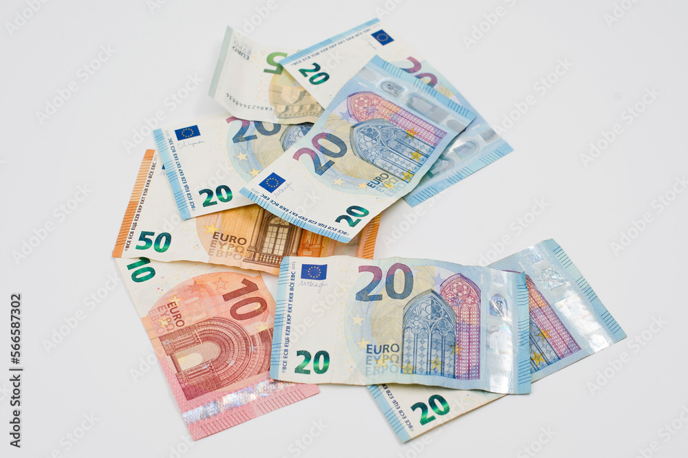 Euro banknotes of different values. Euro cash background. closeup view. Salary, savings, European union economic crisis concept.
Euro banknotes of different values. Euro cash background. closeup view. Salary, savings, European union economic crisis concept.