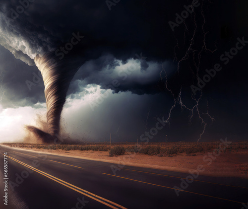 Tornado on a agricultural field near the asphalt road. Dark cloudy sky and huge whirlwind, Generative AI 