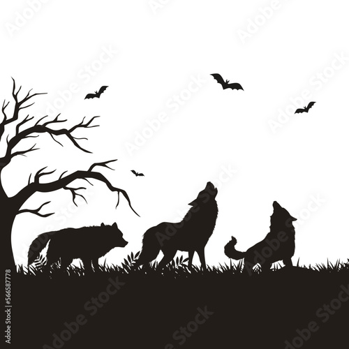 landscape background with silhouette wolves bats