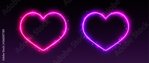 Neon heart frames with smoke and sparkles, gradient LED borders with fog and glowing particles. Magic aura of love concept. Galaxy Valentines Day decoration. Vector illustration.