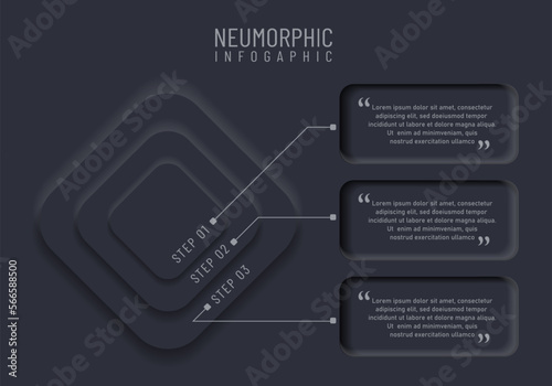 Newmorphic infographic design template. Modern vector illustration for business presentation, minimal black tone, Concept of 3 steps of business development process.