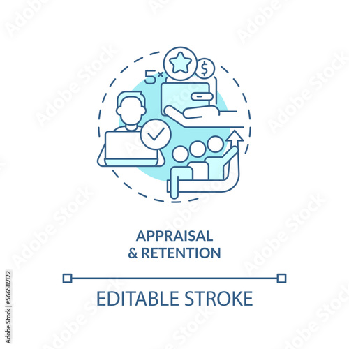 Appraisal and retention turquoise concept icon. Salary bonuses. IT staffing process abstract idea thin line illustration. Isolated outline drawing. Editable stroke. Arial, Myriad Pro-Bold fonts used