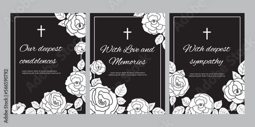 Condolence vector cards template set. Funeral frame with rose on black background. Sympathy card collection illustration.