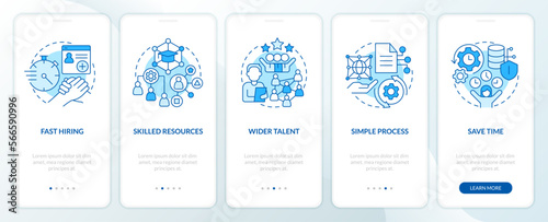 IT staffing service advantages blue onboarding mobile app screen. Walkthrough 5 steps editable graphic instructions with linear concepts. UI, UX, GUI template. Myriad Pro-Bold, Regular fonts used