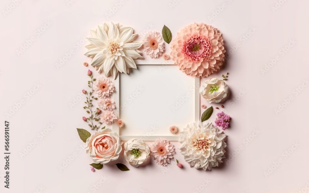 Blank rectangle pink roses frame on pink and white background Blank rectangle pink roses frame on pink and white background