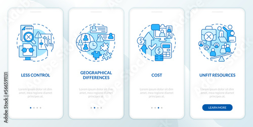 IT staffing service disadvantages blue onboarding mobile app screen. Walkthrough 4 steps editable graphic instructions with linear concepts. UI, UX, GUI template. Myriad Pro-Bold, Regular fonts used