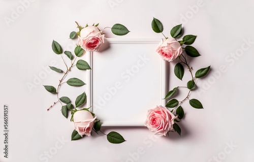 Blank rectangle pink roses frame on pink and white background