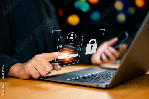 Cybersecurity and privacy concepts protect data. lock icon and Internet network security technology. Businessmen protecting personal data on laptops and virtual screens.